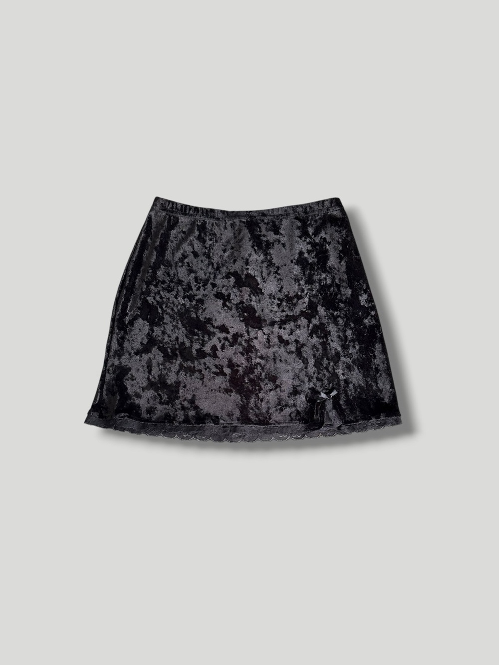 Morbid Threads Vintage 90s Black Mini Stretch Velvet Lace Trim Bow Slip Skirt